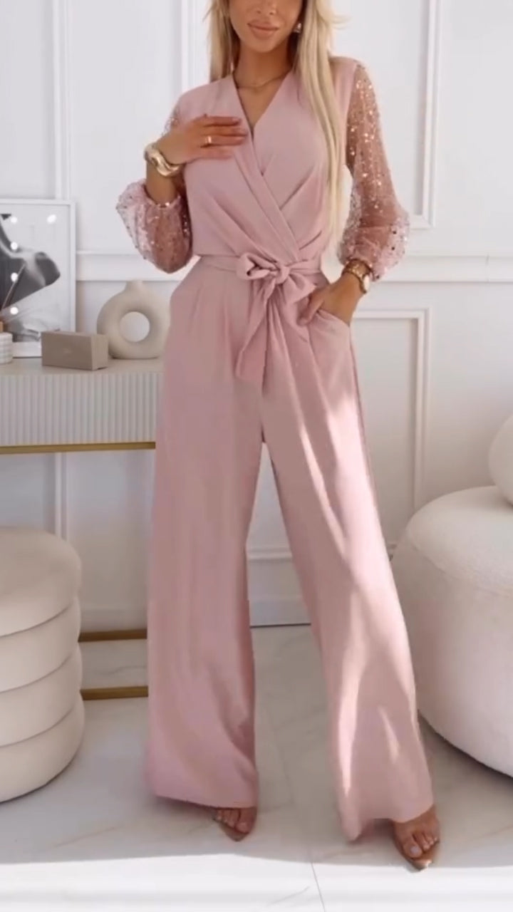 👑 Moteriškas laisvalaikio kostiumėlis su pūstomis rankovėmis ir V formos iškirpte, dekoruotas blizgučiais-LT