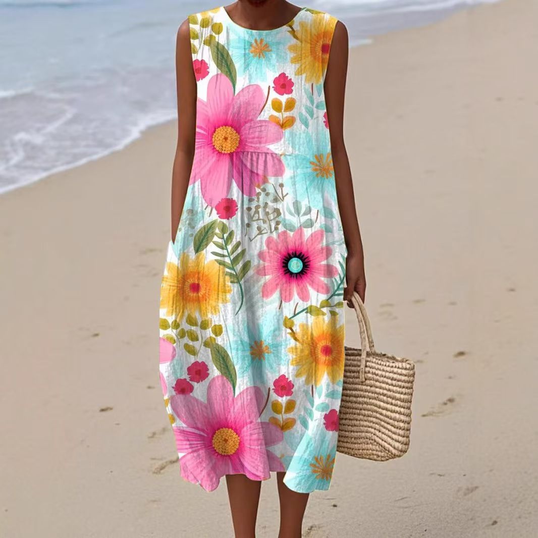 Ženska poletna obleka brez rokavov z okroglim izrezom-SI