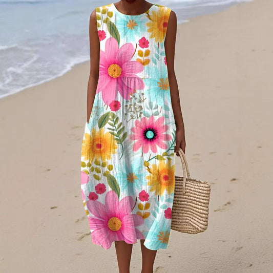 Ženska poletna obleka brez rokavov z okroglim izrezom-SI