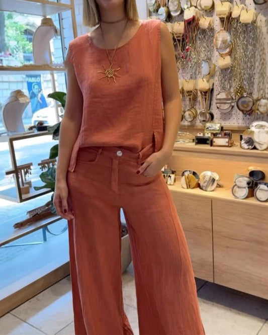 Σετ αμάνικο παντελόνι από μονόχρωμο βαμβάκι και λινό-GR