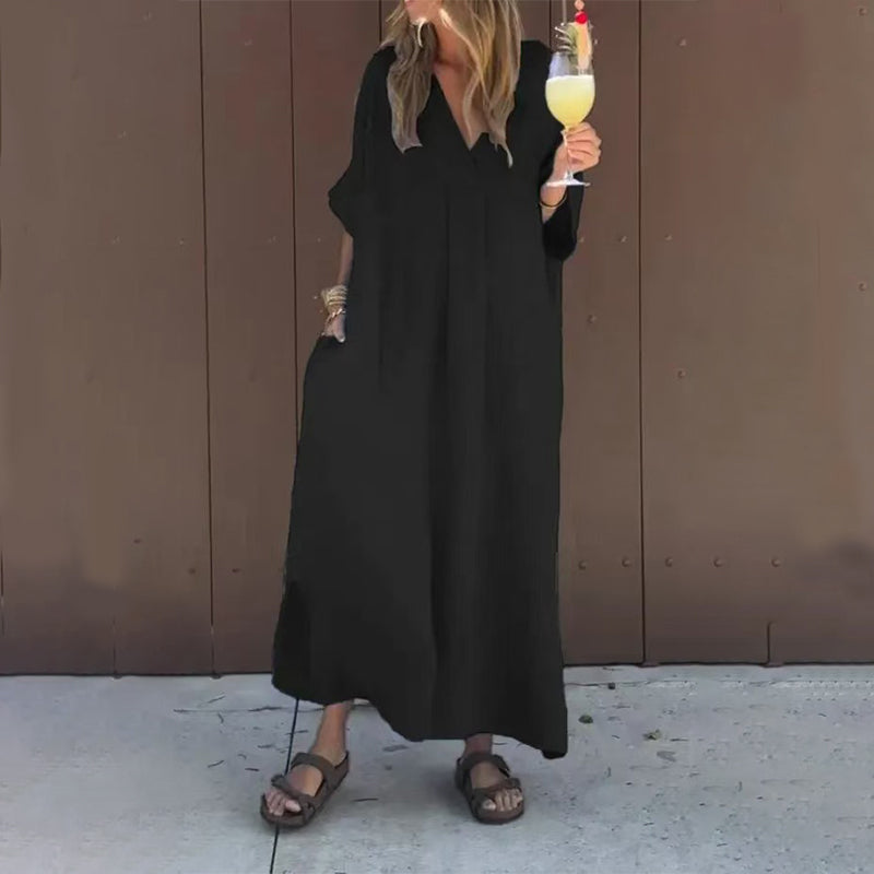 【S-4XL】💖Paprasta, ryški moteriška suknelė V formos iškirpte-LT