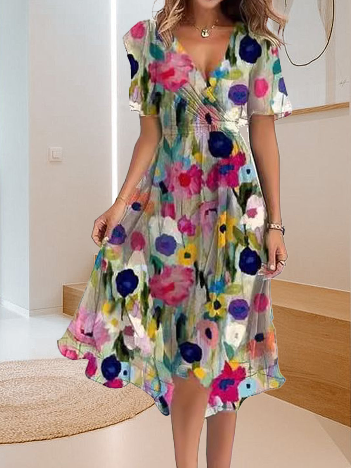 Φόρεμα απλό, casual με V ντεκολτέ και στάμπα-GR