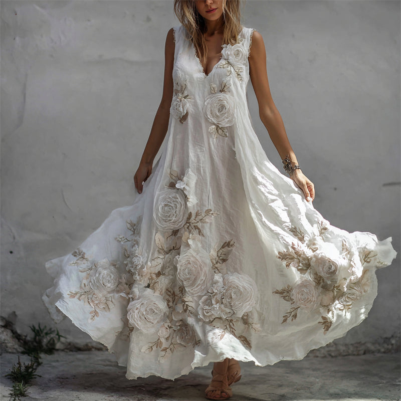 Vintage Φόρεμα Μάξι από Λινό με Σχέδιο Λευκού Τριαντάφυλλου-GR