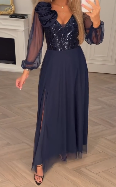 Φόρεμα με δαντελένια μανίκια, παγιέτες και φλοράλ διακοσμήσεις.-GR