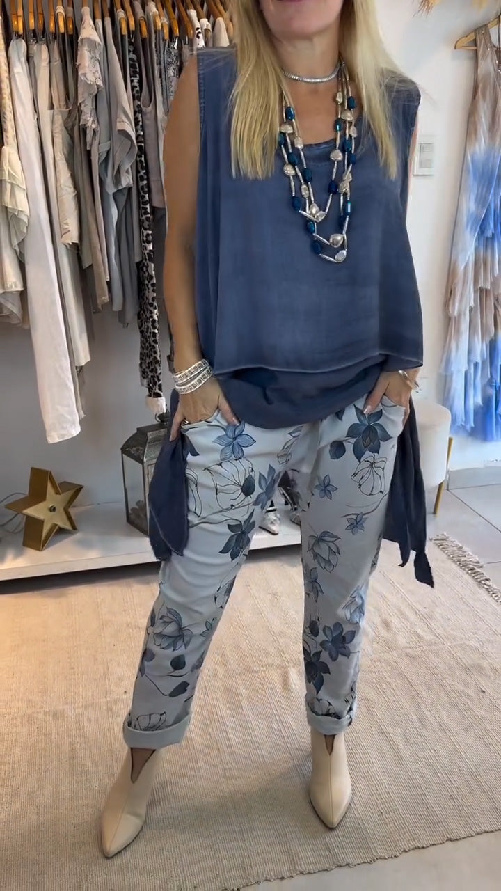 Γυναικείο ακανόνιστο μονόχρωμο μονόχρωμο στρογγυλό αμάνικο παντελόνι με εμπριμέ διπλό κάτω μέρος-GR