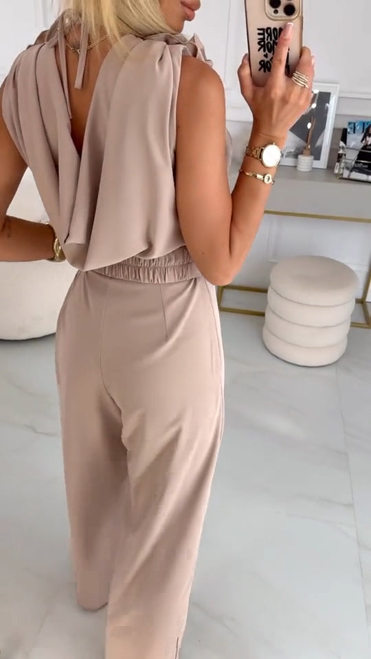 Γυναικεία καλοκαιρινή αμάνικη ολόσωμη φόρμα με τρισδιάστατο φλοράλ σχέδιο και V λαιμόκοψη-GR