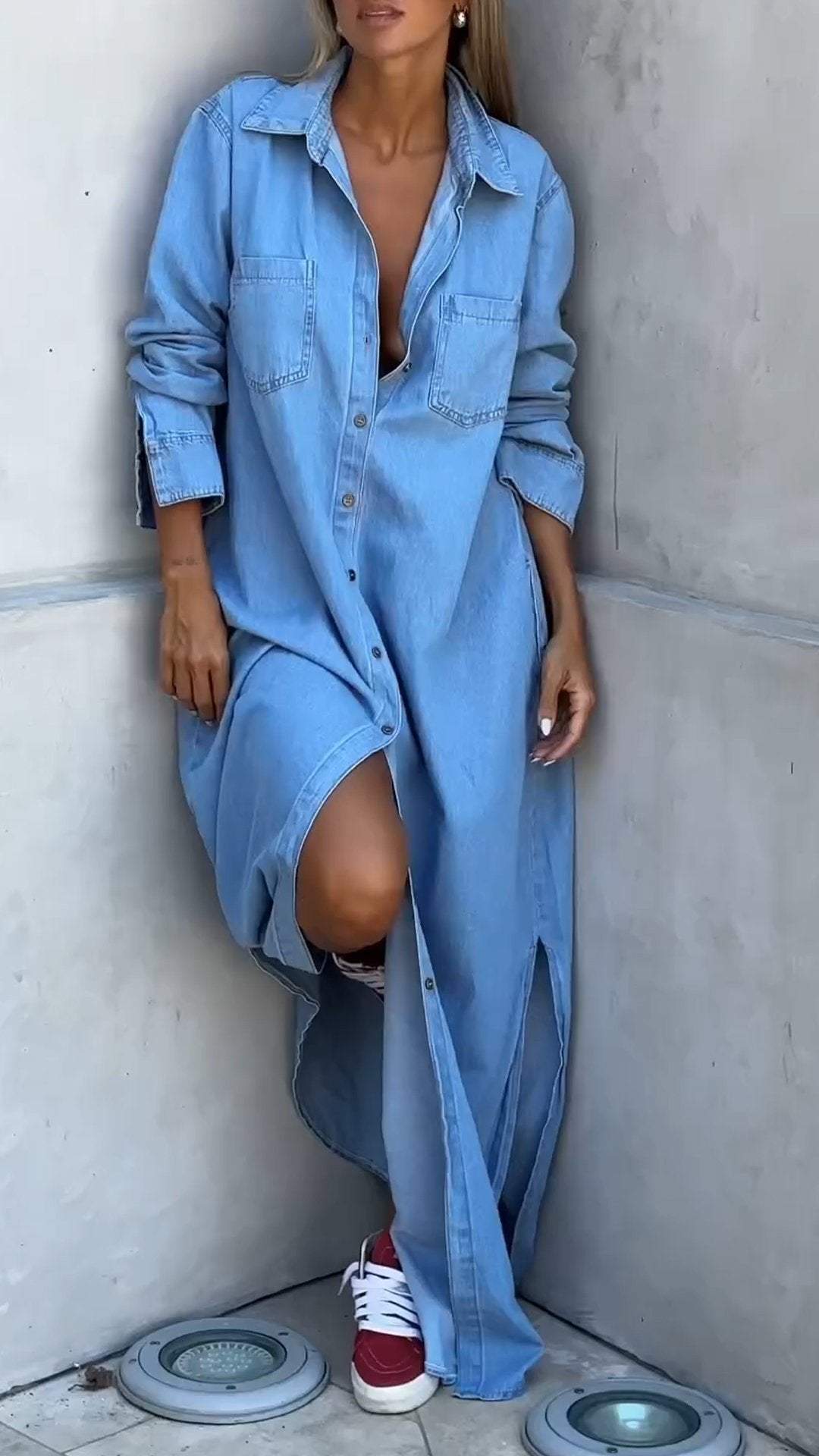Denim obleka z dolgimi rokavi in reverji-SI
