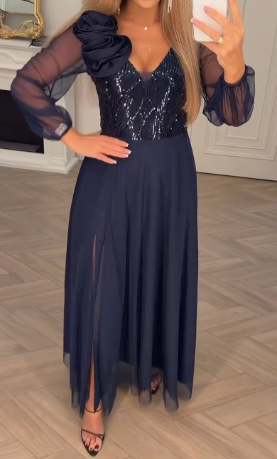 Φόρεμα με δαντελένια μανίκια, παγιέτες και φλοράλ διακοσμήσεις.-GR