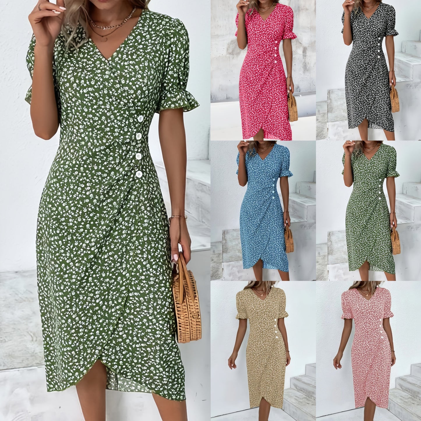 🌷Moteriška laisvalaikio suknelė, apvyniojama suknelė, gėlėta suknelė-LT