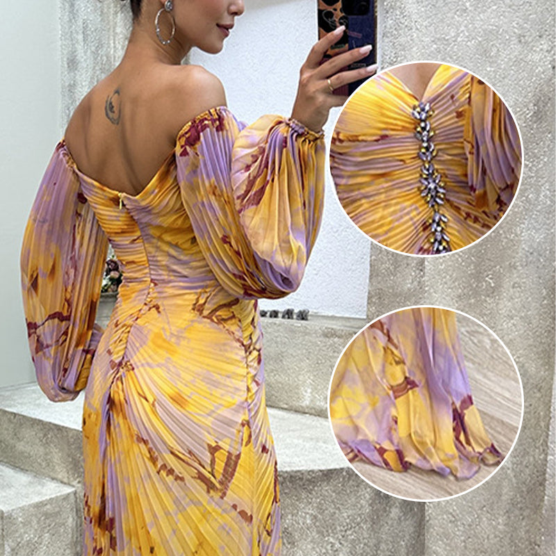 ✨【Lieknėjimo burtininkas】Moteriška suknelė be petnešėlių✨ | Patrauklus dizainas be petnešėlių | Klojuotos detalės | Iškirptas plyšys, patogios ilgos rankovės-LT