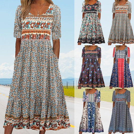 🌸 Elegantna ženska obleka z boho potiskom-SI