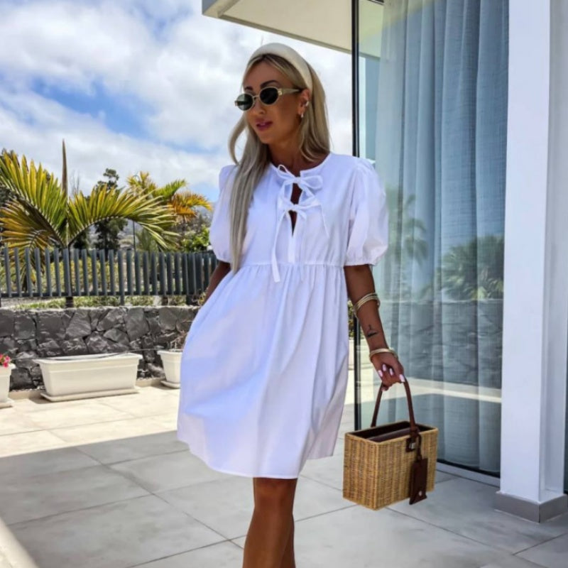 💕 Grynos spalvos suknelė pūstomis rankovėmis ir kaspinu priekyje-LT