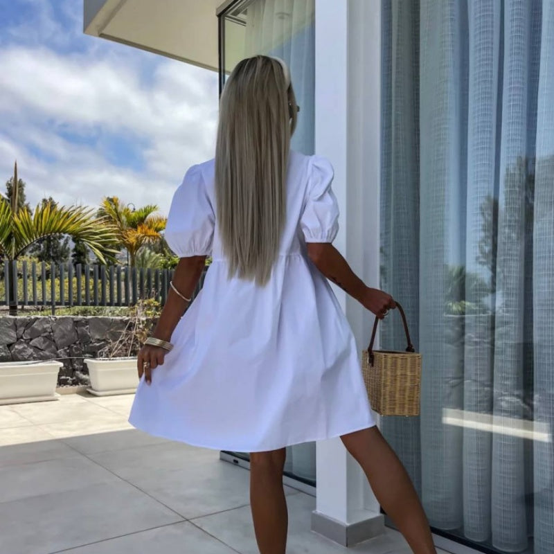 💕 Grynos spalvos suknelė pūstomis rankovėmis ir kaspinu priekyje-LT