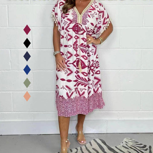 【S-4XL】💃Μακρύ φόρεμα με κρόσσια και δέσιμο-GR