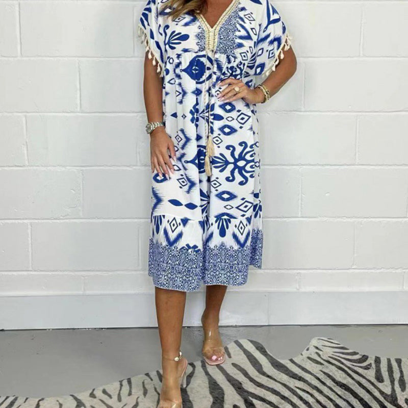 【S-4XL】💃Μακρύ φόρεμα με κρόσσια και δέσιμο-GR