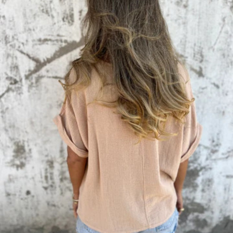 Μονόχρωμο τοπ με στρογγυλή λαιμόκοψη και κοντομάνικο τελείωμα-GR