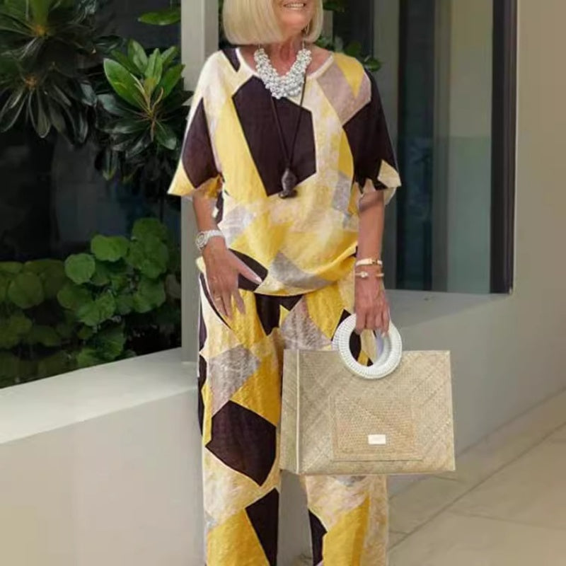 Γυναικείο φαρδύ σετ δύο τεμαχίων, μισομάνικη μπλούζα και παντελόνι-GR