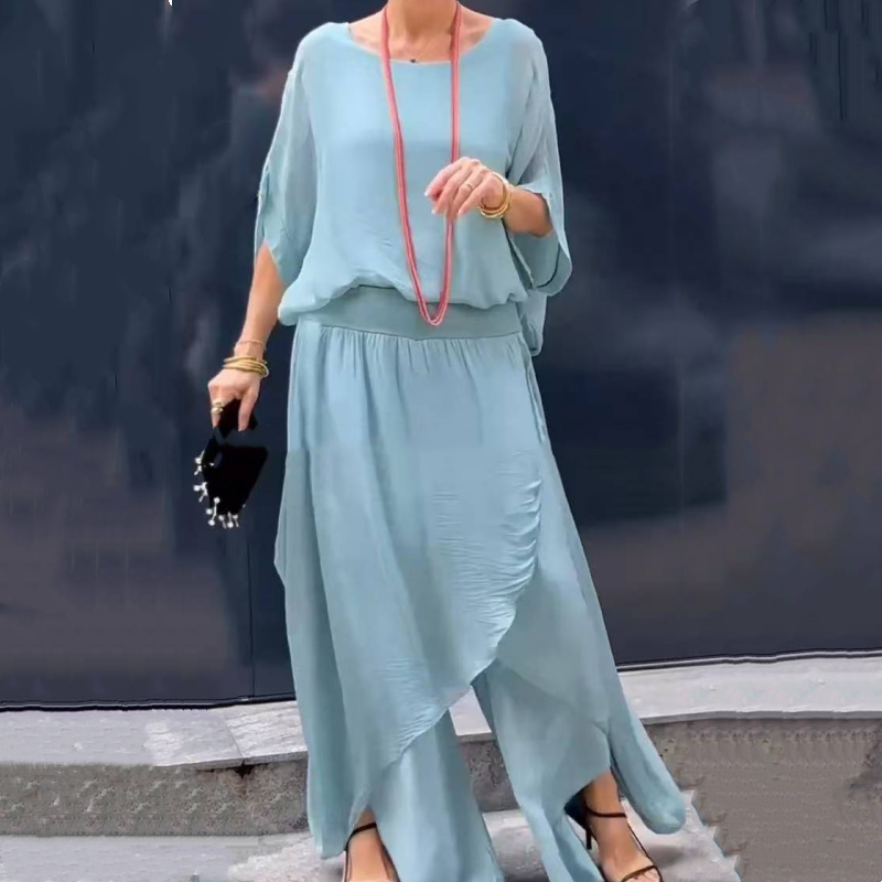 Παντελόνι σιφόν με ανοιχτό τοπ και φαρδύ πόδι, σετ 2 τεμαχίων-GR