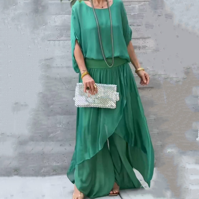 Παντελόνι σιφόν με ανοιχτό τοπ και φαρδύ πόδι, σετ 2 τεμαχίων-GR