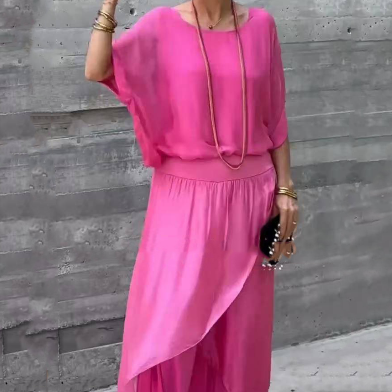 Παντελόνι σιφόν με ανοιχτό τοπ και φαρδύ πόδι, σετ 2 τεμαχίων-GR