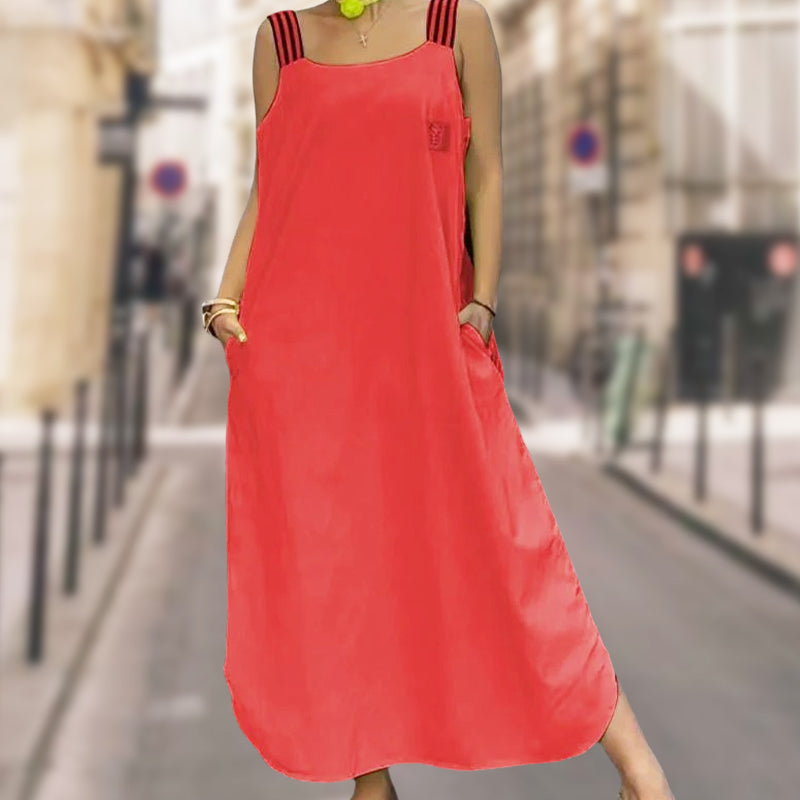 Φαρδύ μάξι φόρεμα με τιράντες και τσέπες-GR