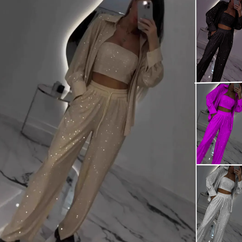 Πανέμορφο blazer, άνετη φόδρα και φαρδύ παντελόνι (σετ 3 τεμαχίων)-GR