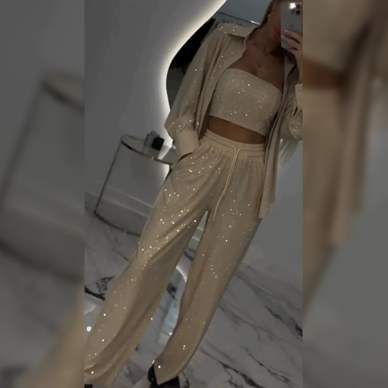 Πανέμορφο blazer, άνετη φόδρα και φαρδύ παντελόνι (σετ 3 τεμαχίων)-GR