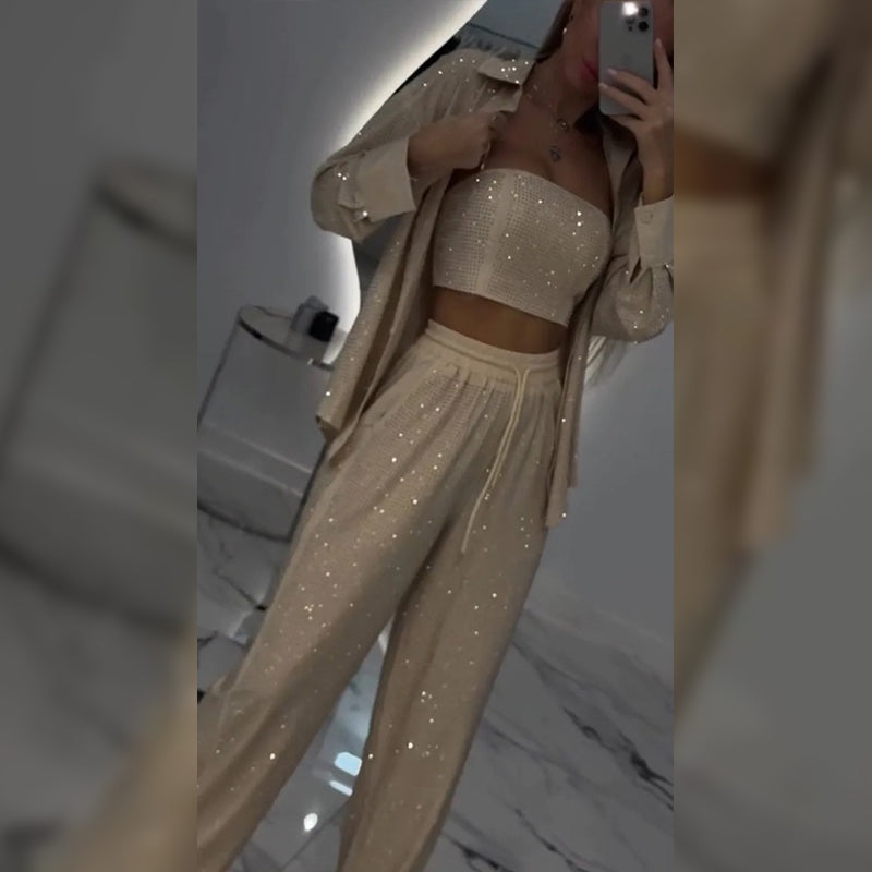 Πανέμορφο blazer, άνετη φόδρα και φαρδύ παντελόνι (σετ 3 τεμαχίων)-GR