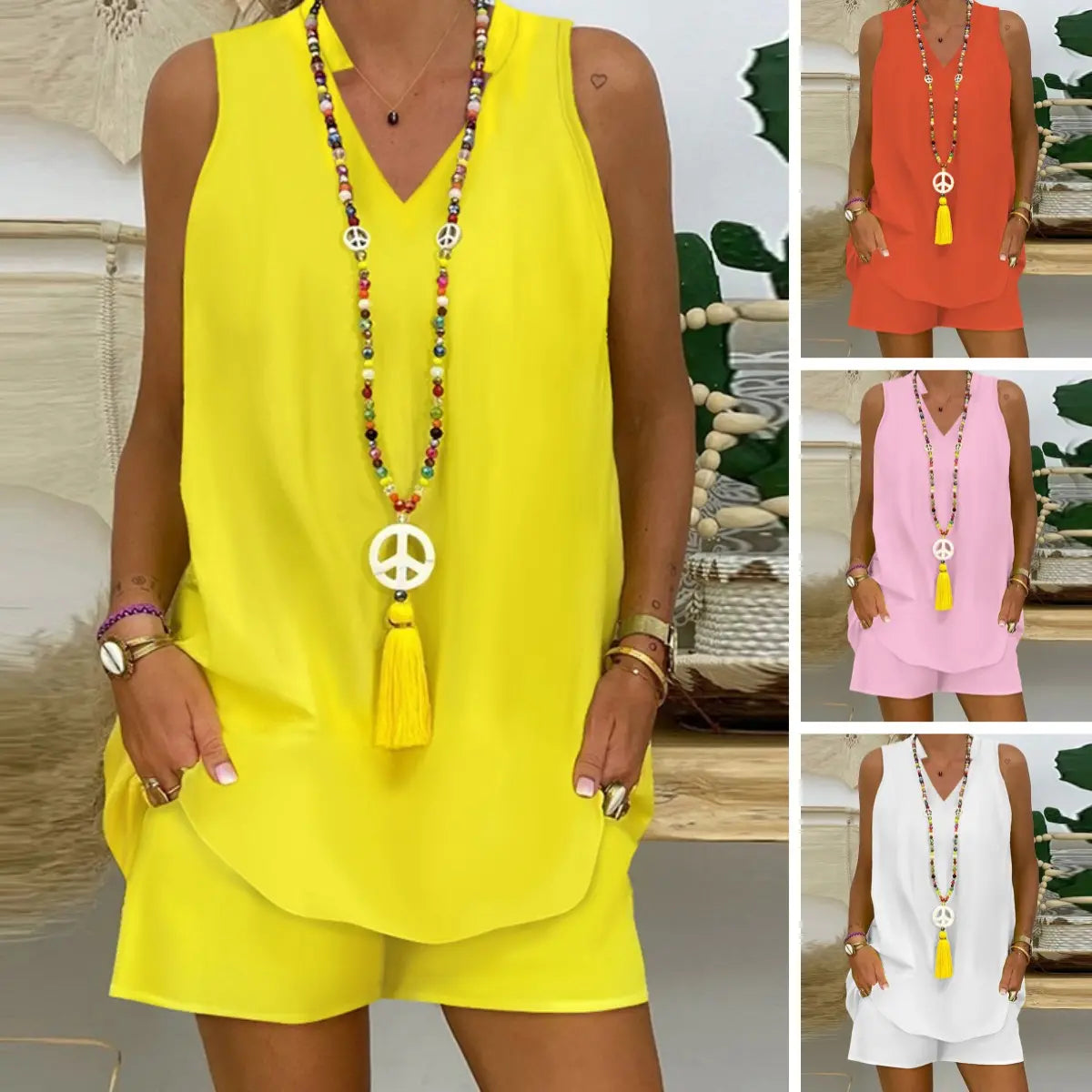 Κομψό σετ δύο τεμαχίων: κοντομάνικο λαιμόκοψη σε V + σορτς-GR