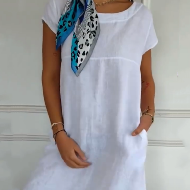 Νέο το 2025! 🔥Γυναικείο λινό φόρεμα με στρογγυλή λαιμόκοψη και κοντό μανίκι-GR