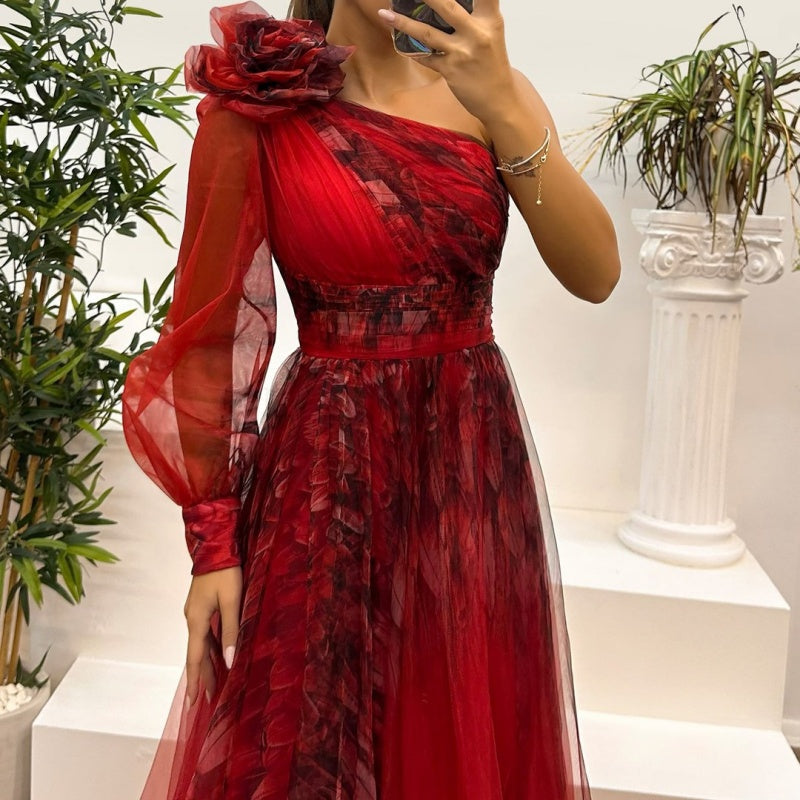 Γυναικεία Φορέματα με Στάμπα και Λοξούς Ώμους-GR