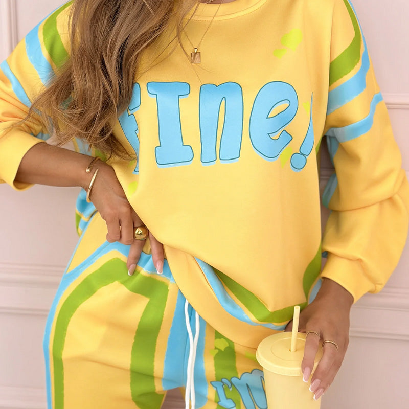 ✨Spalvingas moteriškas sportinio kostiumo komplektas: džemperis + sportinės kelnės su raštu-LT