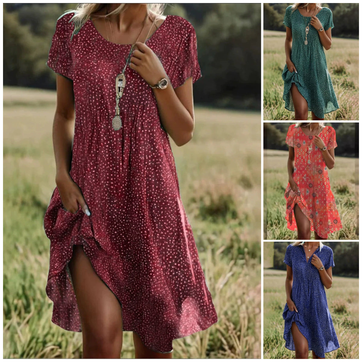 🌸Elegantna zelena midi obleka s kratkimi rokavi in pikami-SI