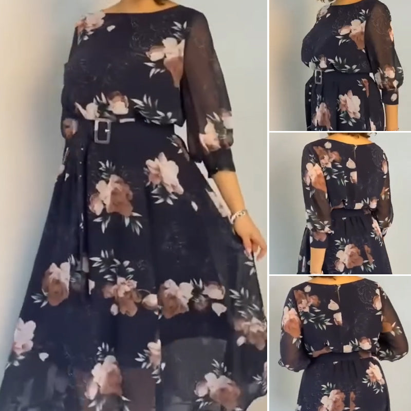 【S-4XL】🌺 Gėlėta apvalios iškirptės suknelė su diržu-LT