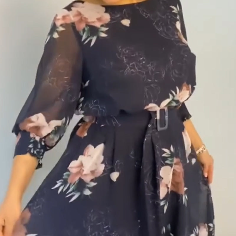 【S-4XL】🌺 Φόρεμα με στρογγυλή λαιμόκοψη και ζώνη-GR