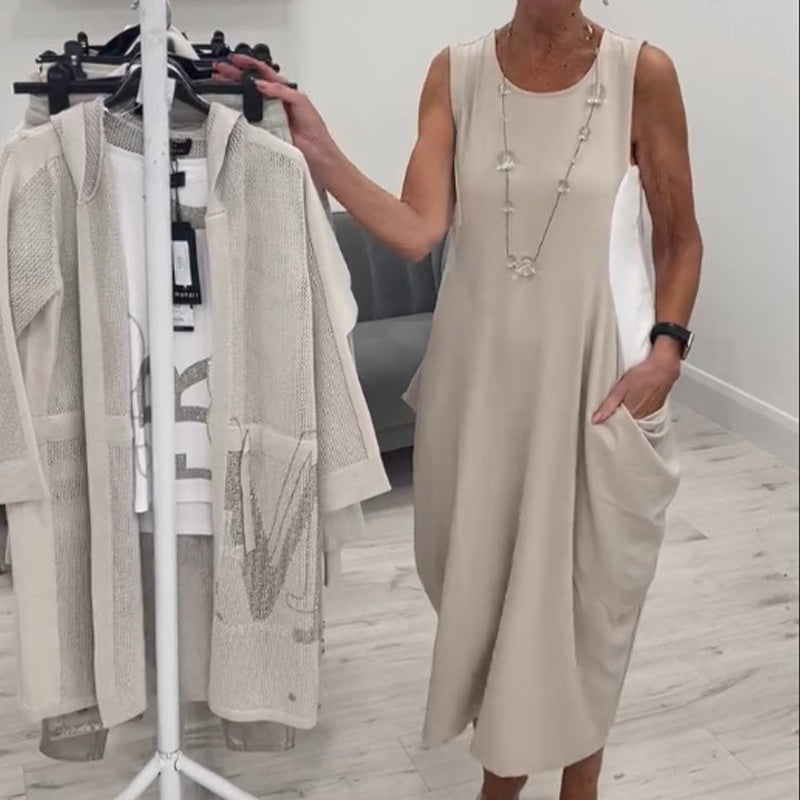 ✨Paprasta lininė suknelė be rankovių su kišenėmis-LT