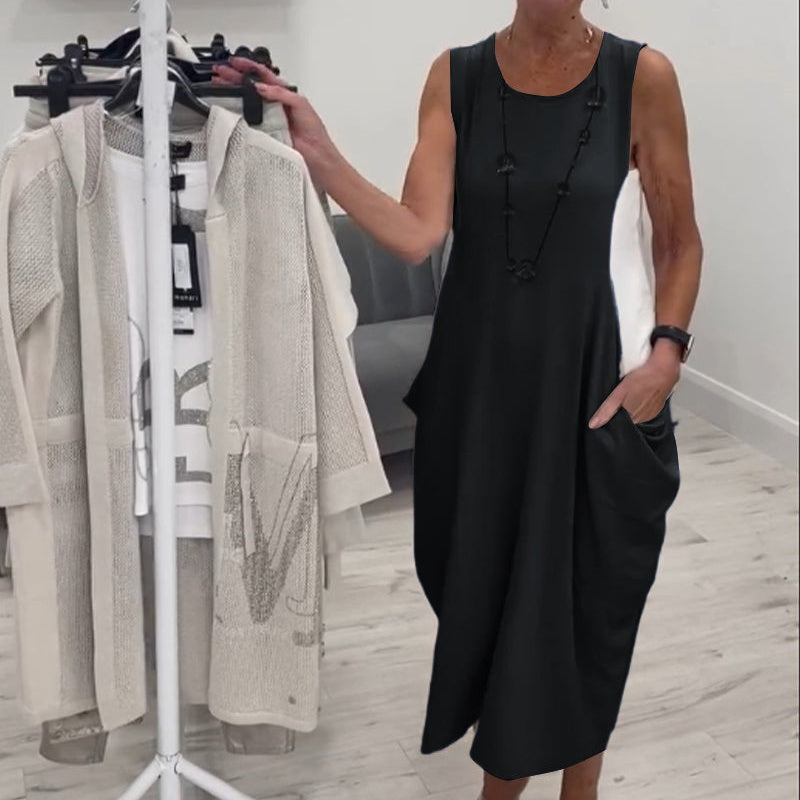 ✨Απλό αμάνικο λινό φόρεμα με τσέπες-GR