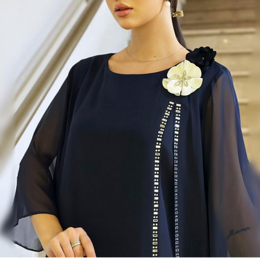 🌸✨【S-4XL】Γυναικείο δικτυωτό φόρεμα με στρογγυλή λαιμόκοψη με φλοράλ προφορά-GR