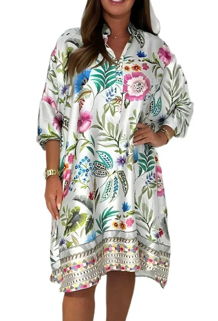 🌺Laisva gėlėta suknelė su V formos iškirpte ir sagomis užsegama-LT