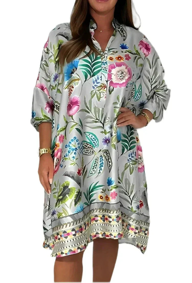 🌺Laisva gėlėta suknelė su V formos iškirpte ir sagomis užsegama-LT