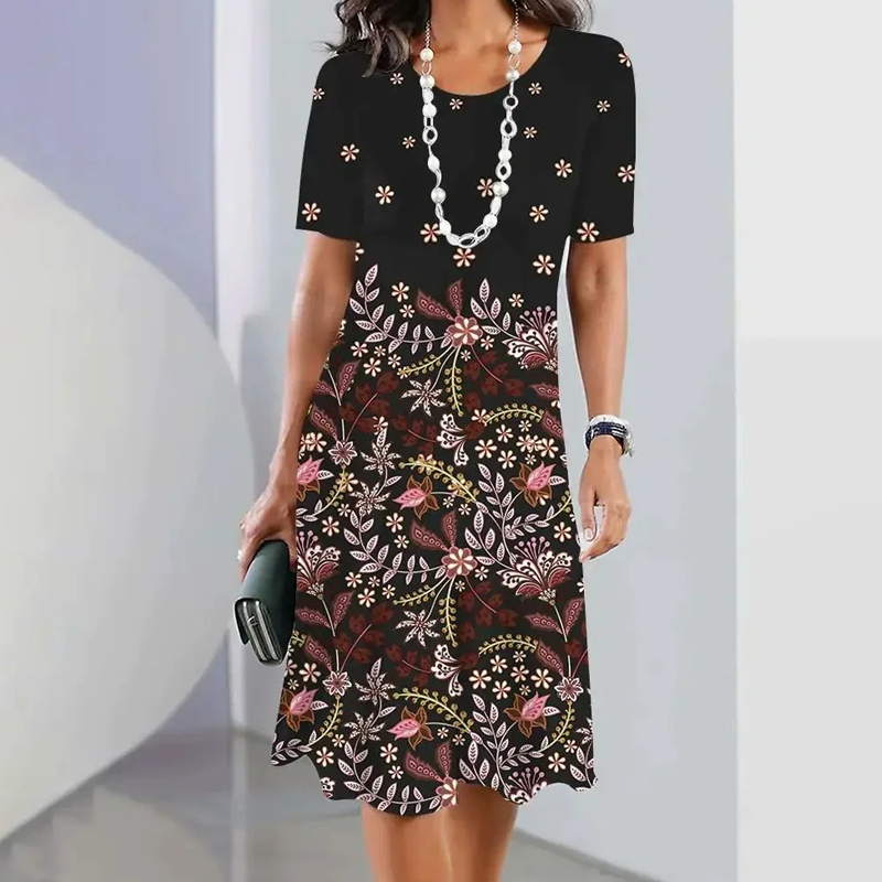 🌸Elegante vestido de mujer con escote redondo y estampados florales.-ES