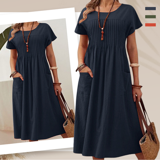 Γυναικείο πλισέ φόρεμα με κοντά μανίκια και τσέπες-GR