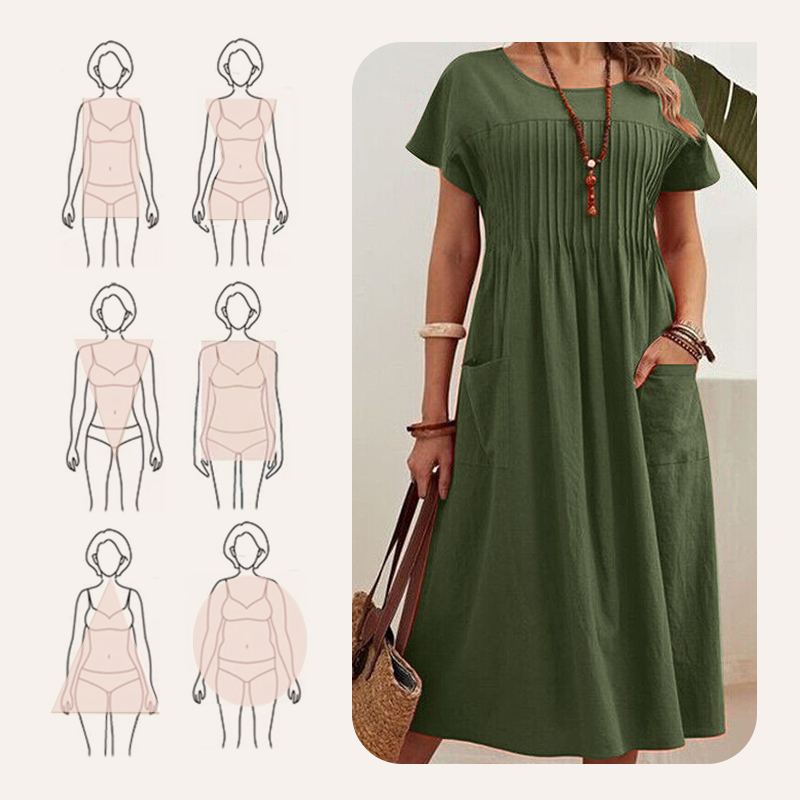 Γυναικείο πλισέ φόρεμα με κοντά μανίκια και τσέπες-GR