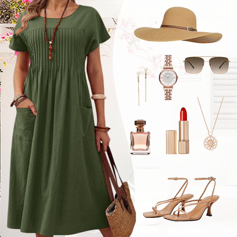 Γυναικείο πλισέ φόρεμα με κοντά μανίκια και τσέπες-GR