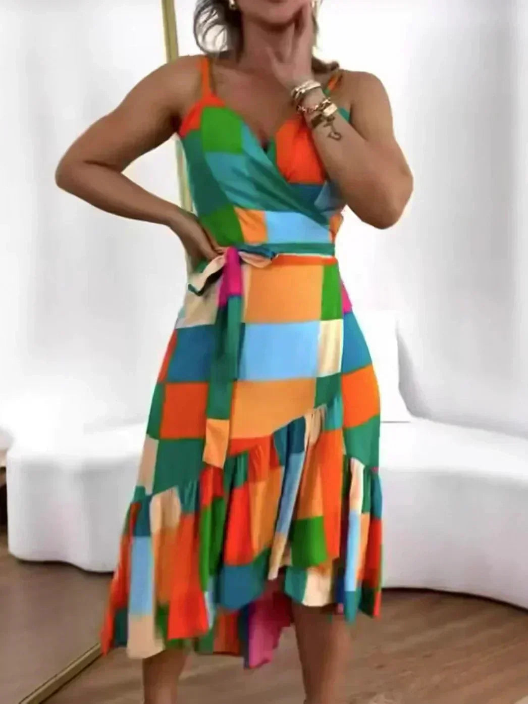 🌼 V formos iškirpte margintos laisvalaikio suknelės moterims-LT