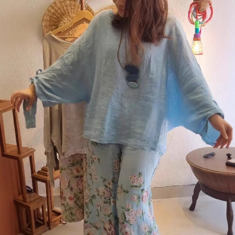 ⏳ Περιορισμένος χρόνος έκπτωσης 45%! 💥Γυναικεία φαρδιά μπλούζα και φαρδύ παντελόνι με φλοράλ τύπωμα-GR