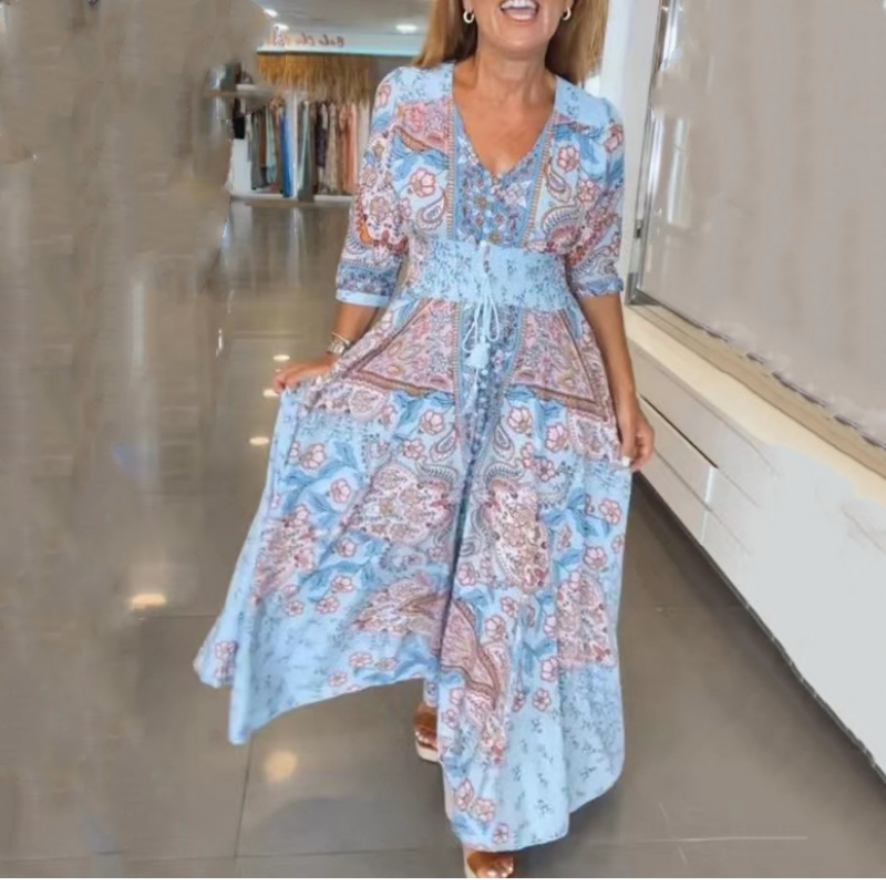 Ženska elegantna cvetlična dolga obleka z vrvico-SI