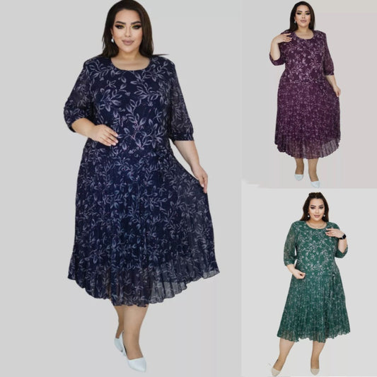 Φόρεμα μάξι με στρογγυλή λαιμόκοψη και μανίκια 3/4 με στάμπα-GR