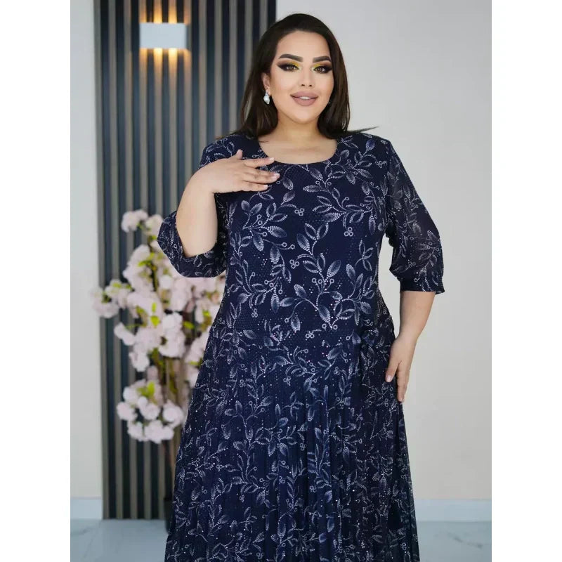 Φόρεμα μάξι με στρογγυλή λαιμόκοψη και μανίκια 3/4 με στάμπα-GR