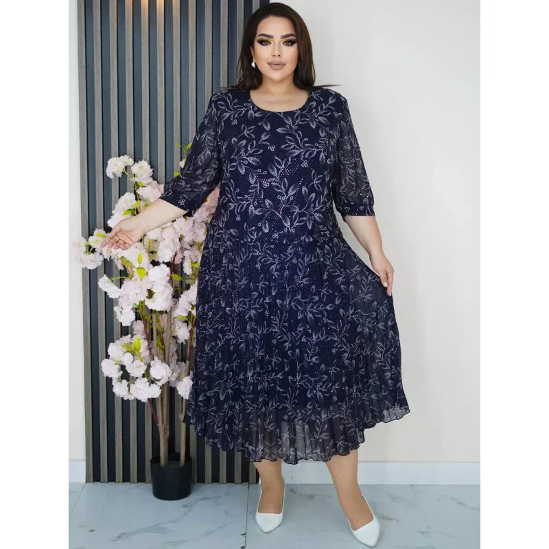 Φόρεμα μάξι με στρογγυλή λαιμόκοψη και μανίκια 3/4 με στάμπα-GR